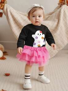 Toddler Baby Girl Halloween Outfit Ghost Embroidered Long Sleeve Sweatshirt Pullover Tops + Elastic Tulle Tutu Skirt 2pcs Infant Fall Winter Outfits Set - màu đen - Xem 5