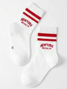 1pr Children's Double-Bar Letter Design Athletic Mid-Calf Socks, Casual Wear - Multicolor - View 8