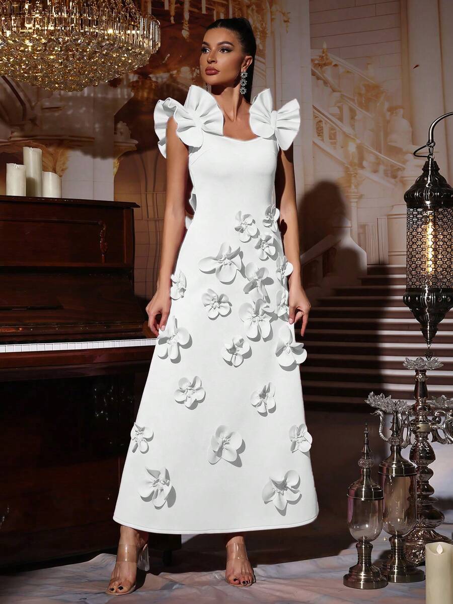 Modphy 新款时尚高端 3D 花卉装饰修身高领无袖蝴蝶结饰边连衣裙，适合婚礼、宾客、伴娘、节日派对、正式晚礼服 - 白色 - 查看 1