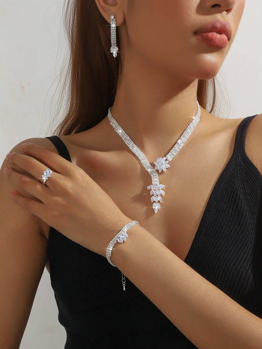 5pcs Luxury Crystal Geometric Necklace, Earrings, Bracelet, Ring Jewelry Set, Elegant Fashion Accessories Suitable For Women's Daily Commute, Campus Dating, Wedding Party, Valentine's Day Holiday