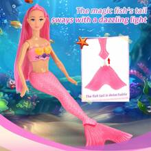 这款美人鱼娃娃拥有色彩缤纷的梦幻发型和头饰，配有海星形紧身胸衣和柔软的粉色美人鱼尾巴，适合作为3-8岁女孩的生日礼物。