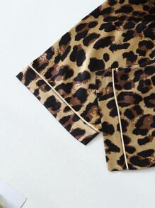 Leopard Print Women Long Sleeve Top & Pants Pajama Set, Fall Winter Clothes - Gold - View 8