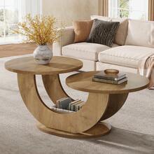 LITTLE TREE Round Living Room Coffee Table, 2-Tier Farmhouse Coffee Table With U-Shaped Frame, Low Accent Center Cocktail Table For Home, Apartment(Natural) - 自然的 - 查看 1