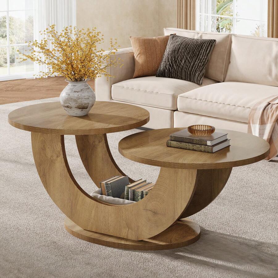 LITTLE TREE Round Living Room Coffee Table, 2-Tier Farmhouse Coffee Table With U-Shaped Frame, Low Accent Center Cocktail Table For Home, Apartment(Natural) - 自然的 - 查看 1