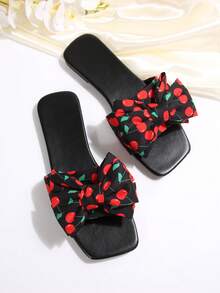 女士可爱樱桃蝴蝶结装饰平底拖鞋，轻便透气休闲度假风沙滩人字拖，套脚拖鞋，春夏穿搭 - 黑色 - 查看 6