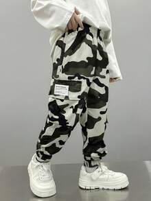 1 件装年轻男孩卷边工装裤，迷彩休闲工作服长裤 - 軍綠色 - 查看 4