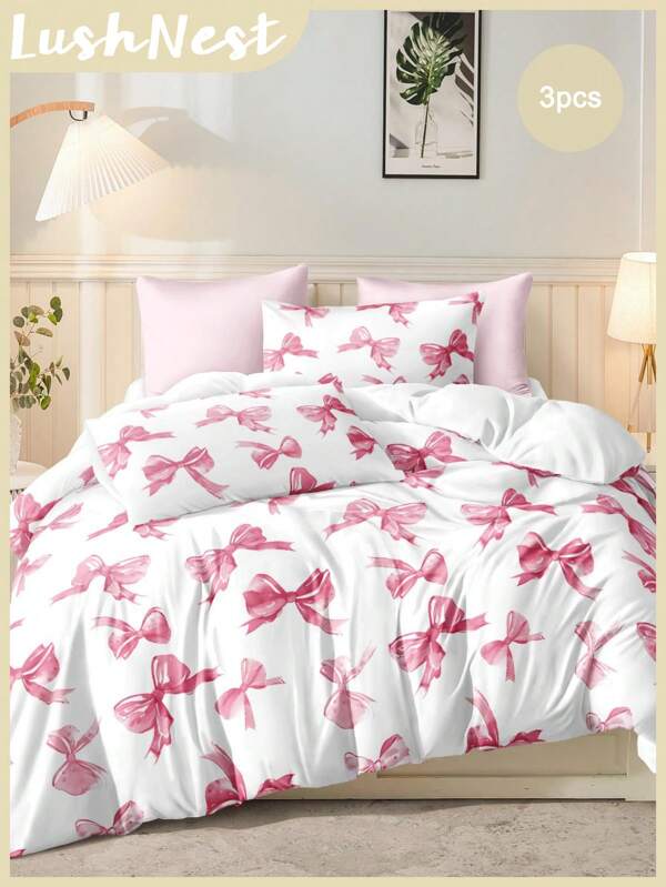 3 pièces Ensemble de literie imprimé numérique mignon d'une fille avec un nœud papillon rose aquarelle pour la Saint-Valentin (1 housse de couette + 2 taies d'oreiller, rembourrage exclu), en polyester doux et agréable pour la peau, convient pour la chambre, la chambre d'étudiant, toutes les saisons