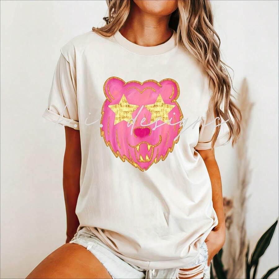 Mascotte, Mascotte D'école, Mascotte BCBG, Mascotte D'ours, Mascotte Rose, Ours Rose, Mascotte Dorée, Ours Doré, Ours,, Téléchargement Numérique, DTF220G Heavyweight 100% Cotton T-Shirt. With Butterfly Print Pattern, Suitable For Girls And Wo's Short Sved Round Neck Inspirational Shirt, Cute Aesthetic Y2K Style Summer Top, Suitable For Outdoor, Family, Work Or Street Wear Casual Loose Daily T-Shirt - White - View 1