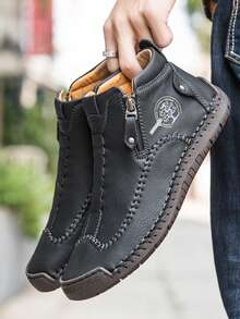 Men's Business Casual Shoes Outdoor Ankle Boots Soft Leather Comfortable Handmade Stitched Boots Flat Shoes, Autumn/Winter - Black - View 3