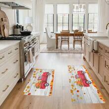 1/2 piezas Alfombra de piso de otoño y Acción de Gracias, hojas de arce amarillas clásicas y alfombras de suelo de cocina con estampado de camión rojo rellenas con calabaza, perfectas para uso en interiores/exteriores, familia, cocina, comedor, decoración de atmósfera de Accións