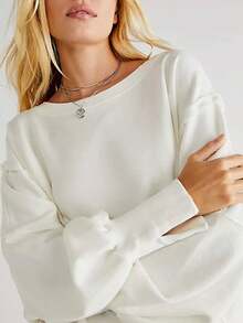 Womens Solid Color Sweatshirts Long Sleeve Crew Neck Drop Shoulder Pullover Tops Fall Sweaters - màu nâu - Xem 3