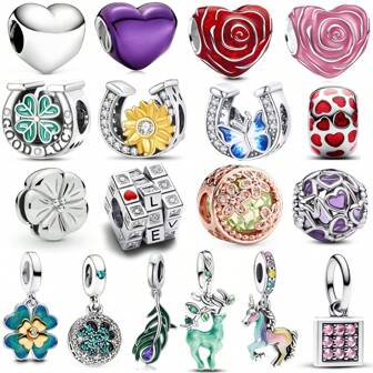 1件精美心形串珠玫瑰花、情人节串珠四叶草、向日葵、春日蝴蝶、U型串珠情侣串珠四叶草、爱情春花、绿色串珠、紫色串珠四叶草、孔雀羽毛、满钻、方形吊坠串珠惊喜礼物、适合原创手链、魅力女性、珐琅工艺珠宝礼物