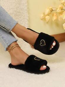 Heart-Shaped Plush Slippers For Women, Soft & Comfortable Soft-Sole Open Toe Slides, Lightweight & Suitable For Living Room, Bedroom, All Seasons - Black - View 2
