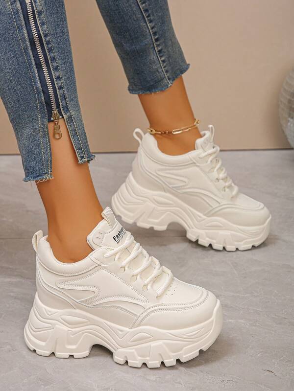 White Thick Sole Women's Sneakers, Platform Shoes, Thick Sole Elevator Shoes For Women