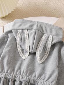 2件套女童韩版休闲荷叶边蝴蝶结兔耳朵拉链夹克和喇叭裤套装 - 灰色 - 查看 7