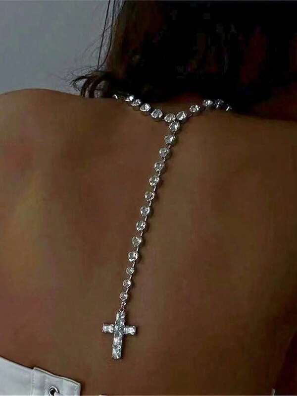 1 Sparkling Women's Dinner Jewelry Crystal Pendant Y-Shaped Necklace, Bride's Rhinestone Cross Pendant Necklace, Body Jewelry Chain