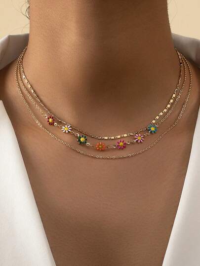 3 件彩色釉面花卉多层项链套装，甜美多巴胺设计颈链，适合日常佩戴，是送给女性的最佳礼物（花朵颜色和数量随机，以实际商品为准）