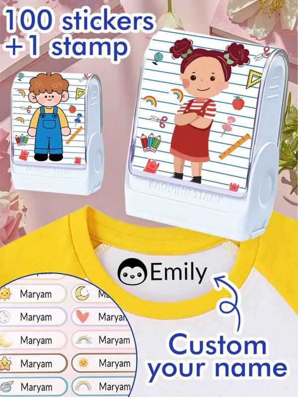 1 tampon + 100 autocollants Tampon personnalisé avec nom, tampon de nom pour vêtements d'enfants imperméable, tampon personnalisé, tampon de signature motif dessin animé, tampons personnalisables pour enfants, garçon/fille, personnalisé, cadeaux de papeterie, cadeaux d'anniversaire, cadeaux de la fête des enseignants, mignon, fournitures de rentrée scolaire, hommes, femmes, garçons, filles, enseignant, fils