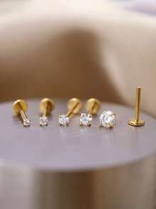 1piece 16G Tiny Gold Cubic Zirconia Threaded Labret, Hypoallergenic 925 Sterling Silver Earring, Cartilage Helix Piercing Fine Jewelry, Flat Back Earring,Cartilage Tragus Helix Stud, Nose Stud, Small Stud, For Women Man Girls Daily's Wear(Sold As 1 Piece) - Round Four-claw Zirconia Flat Earrings - View 3