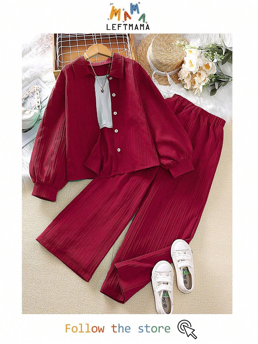 Left Mama Tween Girl 2-Piece Set New Autumn Turn-Down Collar Long Sleeve Shirt And Long Pants