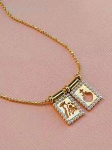 1pc Dainty Sacred Heart Scapular Necklace Gold Plated Double Tiny Pearl Rectangle Charm Bead Chain Necklace Religious Gift