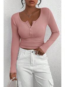 Women's 2026 Fall Long Sleeve Henley T Shirts Button Ribbed Knit Slim Fit Basic Tops Blouse Casual Outfits/Vacation Outfits Women/Valentine Outfits For Women - 藕粉色 - 查看 7