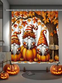 1/4 Pcs Thanksgiving Autumn Shower Curtain Set, Pumpkin & Maple Leaf Cute Harvest Burnt Orange Waterproof Polyester Washable Autumn Bathroom Shower Home Decor Gift With 12 Hooks Non-Slip Bath Mat U-Shaped Toilet Seat Cover