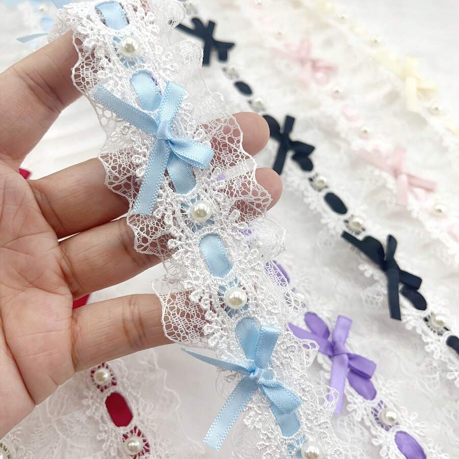 1pc 1yard French Style Double-Layer Satin Ribbon With Embroidery Lace Trim, Charming Bow, DIY Wedding Dress Material, Fabric Lace Ribbon For Clothing, Hair Accessories, Home Decor, Multiple Colors Available