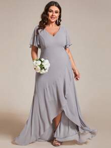 EVERPRETTY Plus Size V-Neck Asymmetrical Ruffle Hem Bridesmaid Dress Gray Formal Dresses For Fall Wedding Party