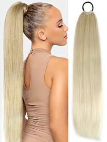 Peluca con coleta de 26"/34", peluca con coleta elástica multifuncional en negro y marrón, resistente al calor, cabello liso largo sintético suave y natural para mujer, adecuado para Navidad, Año Nuevo, Carnaval, festivales de música y otras ocasiones - Multicolor - Ver 18