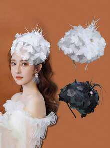 1 件女士新款甜美贵族蝴蝶结侧边小礼帽羽毛头带、发带、发箍、发饰