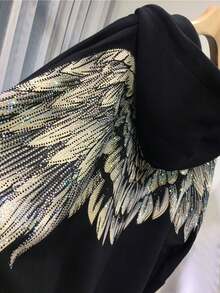 Regular Fit Hoodie For Women Rhinestone Both Wing Hooded Sweatshirt Women Couple Long Sleeve Black High Street Luxury Hoodies - 黑色 - 查看 4