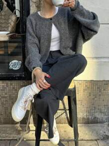 森雅女装秋冬新款单扣圆领长袖针织开衫，灰色宽松休闲日常毛衣上衣，休闲斗篷针织外套 - 深灰色 - 查看 6