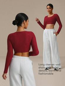 Sodalemon Women 1PC Fitness Training Long Sleeve Elastic Crop Top Workout Casual Yoga Gym Lace Sport T-Shirt - Red - View 1