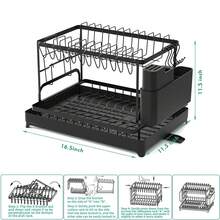 Scolapiatti a 2 ripiani, scolapiatti in acciaio al carbonio con scolapiatti e portautensili per la cucina, portabicchieri, scolapiatti multifunzione - nero - Visualizzare 4