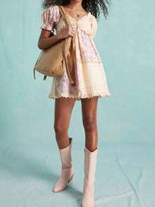 Women's Summer Dress Puff Sleeves Contrast Lace Up Lettuce Trim Shirred A-Line Mini Dress Elegant Dress Tea Party Dress Vacation Dress - 紫色 - 查看 3