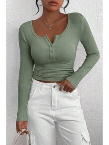 Women's 2026 Fall Long Sleeve Henley T Shirts Button Ribbed Knit Slim Fit Basic Tops Blouse Casual Outfits/Vacation Outfits Women/Valentine Outfits For Women - Cây xô thơm xanh - Xem 7