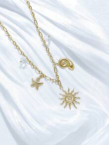 Mazuer 1 件 18K 镀金彩色复古优雅海滩风格太阳、海星、贝壳吊坠项链，毕业礼物，Y2K 女士西方珠宝，海洋元素派对配饰，日常穿着，度假 - 金色 - 查看 5
