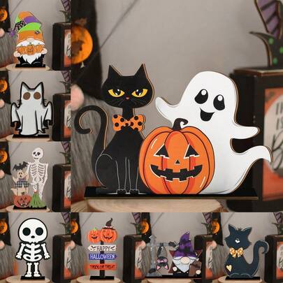 1 套 2D 平面万圣节侏儒装饰木制女巫桌面装饰迷你桌面中心装饰万圣节主题派对装饰，设计有鬼魂、黑猫、骷髅、南瓜和蝙蝠，适合家庭厨房办公室酒吧商店市场桌面装饰秋季装饰