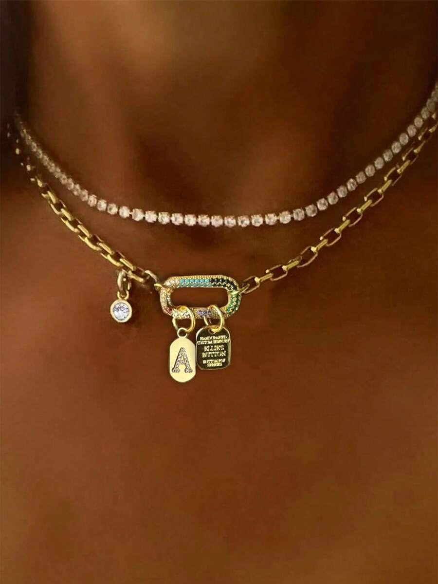 STYLEVER 1件装金色A-Z 26字母项链，绿松石钻石椭圆形扣链，搭配金色珠子项链和不锈钢链，独特优雅风格 - 金黃色 - 查看 1