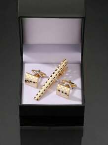 3 件男士时尚首饰套装 - 金色激光格子领带夹袖扣、法式衬衫袖扣、商务、正式、婚礼、伴郎 - 三件套 - 查看 10