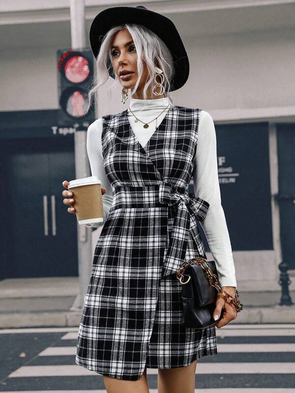 Robe courte décontractée imprimée à carreaux pour femmes, convenant à l'automne, l'hiver et le printemps