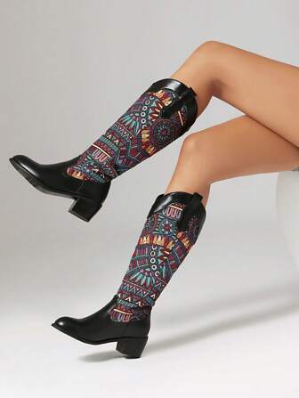 European And American Retro Knee-High Boots For Women, Patchwork Color Block Cowboy Boots, Bohemian Faux Leather Party Boots, Autumn/Winter