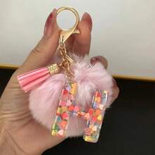 1pc Initial Letter Keychain, Cute Fluffy Ball Keyring, Bag/Backpack Charm, Car Pendant, Women Daily Gift