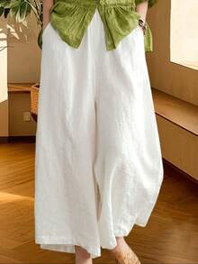 Plus Size High Waisted Wide Leg Pants Solid Elastic Waist Loose Fit Flowy Trousers With Pockets - 白色 - 查看 3