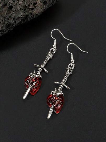 1 Pair Sword Piercing Heart Earrings Set, Vintage Drip Oil Gothic Style Skull Earrings, Halloween Earrings