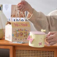 1pc Butterfly Embossed Mug With Lid, 4 Styles Available, Comes With Stainless Steel Spoon, Warm Style Gift For Boys And Girls - Yellow - View 8