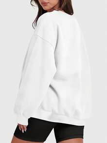 Speed mate 女士宽松落肩卫衣 - 纯色长袖圆领套头衫，适合秋冬季节，休闲宽松运动卫衣 - 白色 - 查看 3