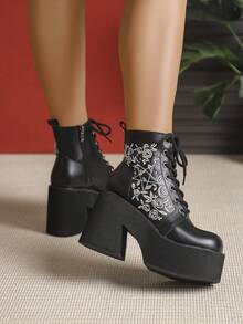 哥特式系带刺绣厚底踝靴，侧拉链，朋克摇滚风格 - 黑色 - 查看 2