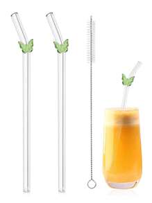 Set de 6 pajitas de vidrio reutilizables con adorno de lazo - Pajitas de beber curvadas resistentes a los golpes + cepillo de limpieza - Pajitas elegantes para cócteles, batidos y bebidas frías (20cm)